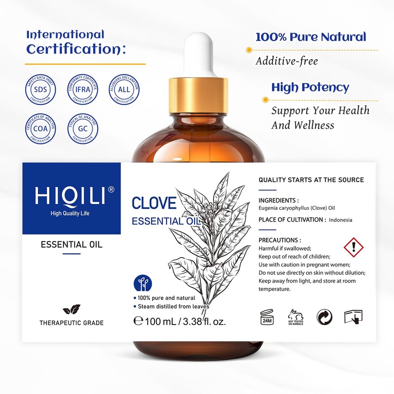 HIQILI 100ML Clove Oil for Teeth and Gums, Tooth Aches,