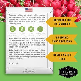 Champion Radish Seeds for Planting – Fast Growing Heirloom for Spring & Fall Gardens – Large Round Red Radishes, White Flesh – Heat & Cool Weather Hardy – Survival Garden Seeds (1 Pack)