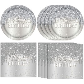 Actoridae 40Pcs Silver Birthday Decorations For Women Men Happy Birthday Plates and Napkins Set Serve 20 Guests Silver Plates and Silver Napkins for Denim and Diamonds Party Decorations