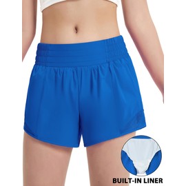 EXARUS Girls 4" Athletic Shorts Running with Liner Zipper Pocket Lightweight Elastic Waist Sports Blue 12Y