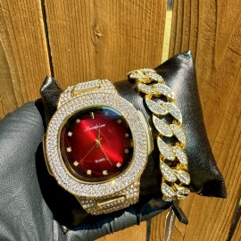 ICEDTAG HIP HOP ICED LUXURY SIMULATED DIAMOND BLING OUT WRIST FASHION WATCH BRACELET SET