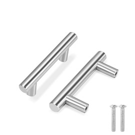 Flexzion 5 Pack Kitchen Cabinet Handles Silver Drawer Pulls 4 inch, 2.5 inch Hole Center, Solid Stainless Steel T Bar with Satin Brushed Nickel, Hardware for Kitchen Cupboard Door Bathroom Furniture