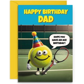 Dad Tennis Birthday Card - Funny Tennis Ace Themed Design - A5 Size with Yellow Envelope. Designed and Printed in the UK