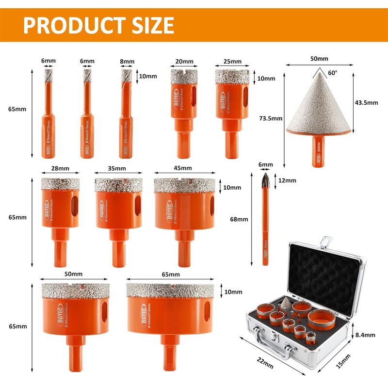 BGTEC Diamond Core Drill Bit Kit - Triangle Shank 6/6/8/20/25/28/35/45/50/65mm