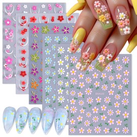 6 Sheets Flower Nail Art Stickers Decals, Spring Summer Colorful Floral Nail Decals, 3D Self-Adhesive Cute Daisy Blue Pink White Red Flowers Nail Design Stickers for Women Girls DIY Manicure