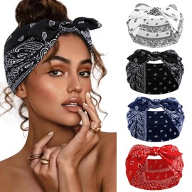 Huachi 4 Packs Bow Headbands for Women Girls, Paisley Bandana Headband Boho Wide Head Bands for Women's Hair Non Slip Hair Bands, African Thick Workout Gym Turban Head Wraps Hair Accessories