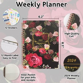Diary 2024 A5 Week to View, 12 Month Daily Planner 2024, Notebooks A5 2024 Diary, Weekly & Monthly Planner with Monthly Tabs, Back Pocket, Stickers (Rose)