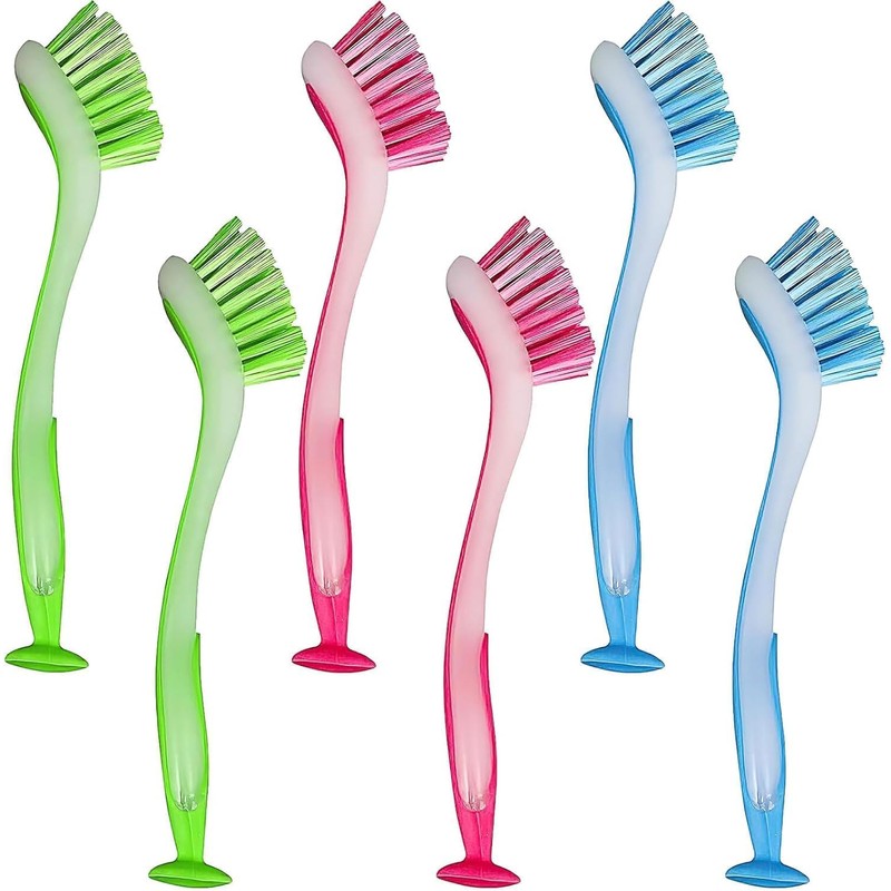 6 Pack Long Handled Dish Brush,Dishwashing Brush with Suction Cup,Multi