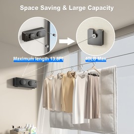 MUSTORN Retractable Clothesline Indoor, Non-Sagging Twin Clothes Line Retracting Outdoor Heavy Duty Clothes Drying Laundry Line Wall Mounted Stainless Steel Double Line-13.8 ft(Black)