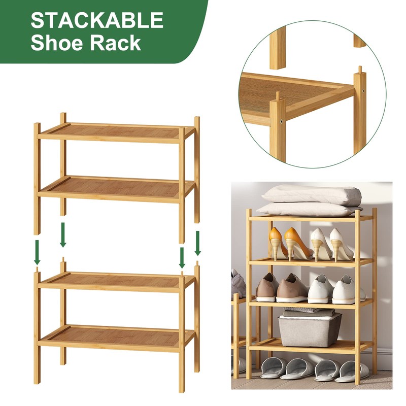 kiplant Small Shoe Rack, 2-Tier Bamboo Wood Shoe Rack for