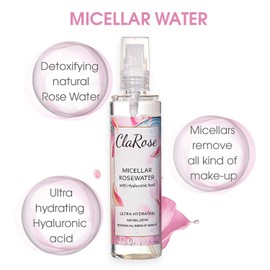 ClaRose Micellar Water with Hyaluronic Acid and 100% Natural Vegan Rosewater, 300 ml, (Pack of 2)