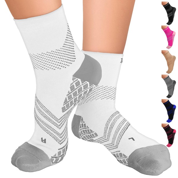TechWare Pro Plantar Fasciitis Socks – Therapy Grade Cushion Ankle Compression Socks Women & Men. Ankle Brace & Arch Support (Wht/Gry Small)