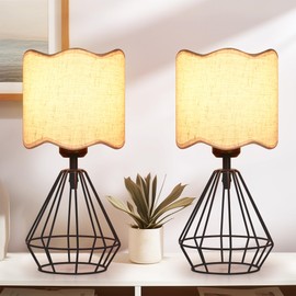 Hamilyeah Bedside Lamps Set of 2, Beige Table Lamps with Scalloped Shade, Fabric Linen Lamps for Night Stands with On/Off Switch, Industrial Desk Lamps for Bedroom, Living Room