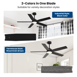 Modern 52 Inch Ceiling Fans with Lights and Remote for Bedroom Living Room Kitchen Home Office Indoor/Outdoor, 3CCT Dimmable, Dual Color 5 Blades 6 Speed Reversible Quiet DC Motor, Black/Wood Grain