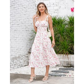 Floral Midi Corset Dress: Women Boho Flowy Slit Lace Up Dresses Sleeveless Square Neck Spaghetti Straps Dress Going Out Evening Party A Line Casual Bustier Sundress White+Pink Floral XL