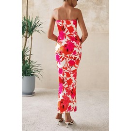 PRETTYGARDEN Women's 2025 Summer Floral Bodycon Maxi Dresses Ribbed Strapless Tube Casual Boho Party Long Dress (Floral White Pink,Large)