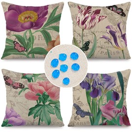 Cirzone Waterproof Cushion Cover, Pack of 4, 45 x 45 cm, Decorative Outdoor Cushion, Waterproof, Breathable, Colourful Flowers and Butterflies Cushion Cover for Sofa Cushion, Garden, Outdoor