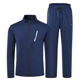 MoFiz Mens Casual Tracksuit Set 2 Pieces Athletic Sweat Suits Long Sleeve Full Zip Workout Running Joggers Sports Set with Zipper Pockets Navy Tag US S=EU M