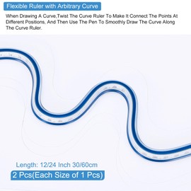 QUARKZMAN 12/24 Inch 30/60 cm Flexible Curve Ruler for Drawing, Sewing, Engineering, Pack of 2, Blue