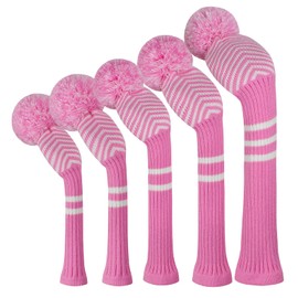 Scott Edward Golf Headcovers 5Pcs for Driver*1 Fairway*2 Hybrid*2,Knitted Elastic Yarn Double Layers Big Pom Protect Golf Club from Scracthes and Dust,Perfect Match Golf Bags (Pink Twill)