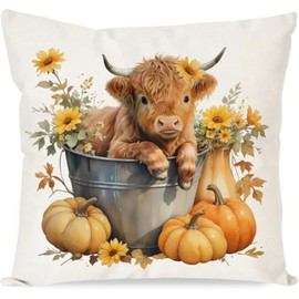 HIUCUS Fall Flowers Cow Throw Pillow Cover, 18 x 18 Inch Cute Autumn Thanksgiving Pumpkins Lumbar Cushion Cover for Home Couch Sofa Living Room Bedroom Decor BZ07