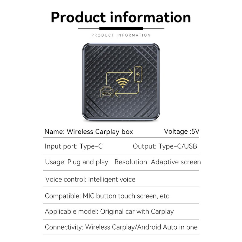 TKMARS CarPlay Wireless Adapter, 2-in-1 Wireless CarPlay Dongle Box for