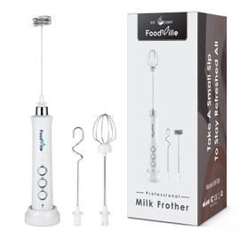 FoodVille MF09 3 in 1 Rechargeable Milk Frother Handheld Foam Maker with Charging Stand & 3 Stainless Steel Whisks (White without Case)