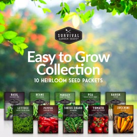 Easy to Grow Vegetable & Herb Seed Collection - 10 Packs of Non-GMO Heirloom Open-Pollinated Veg & Herb Essentials for Gardening Beginners - Seed Saver Instructions on Packets - Survival Garden Seeds