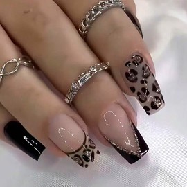 LWTZLW French Tip Press on Nails Leopard Medium Square False Nails Black French Tip Full Cover Glue on Nails Leopard Coffin Acrylic False Nails Black Glossy Artificial Nail Reusable for Women