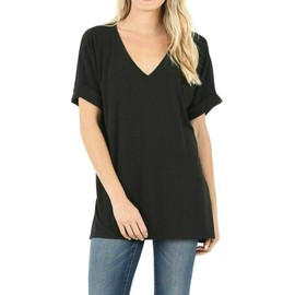Zenana Regular and Plus Size Premium Rolled Short Sleeve Side Slit Top - Black - Large