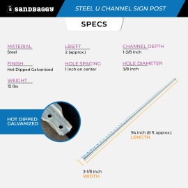 Sandbaggy 8 ft Steel U Channel Sign Post - Hot Dipped Galvanized - 1