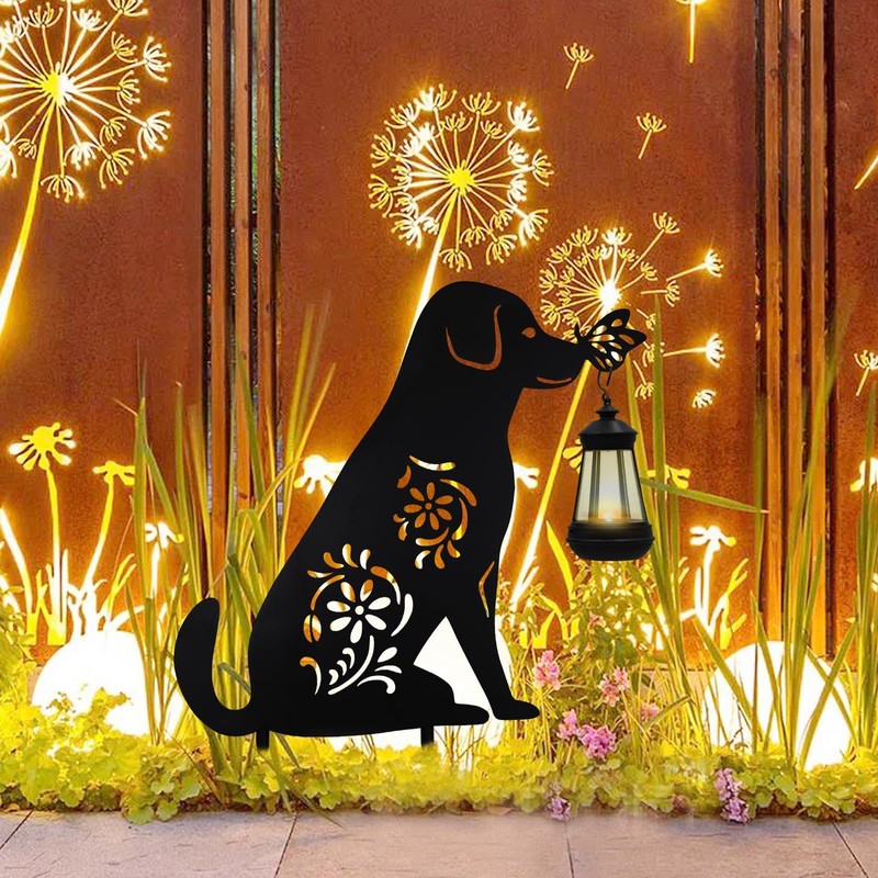 Solar Lights Outdoor Garden Decor - Metal Dog Holding Lantern