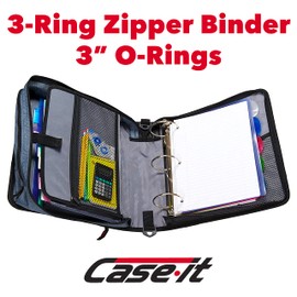Case-it The Mighty Zip Tab Zipper Binder - 3 Inch O-Rings - 5 Color Tab Expanding File Folder - Multiple Pockets - 600 Sheet Capacity - Comes with Shoulder Strap - Jet Black D-146