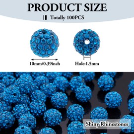 Beadthoven 100pcs 10mm Rhinestone Beads Blue Zircon Crystal Pave Clay Disco Ball Beads Round Polymer Clay Rhinestone Beads Diamond Clay Beads for Necklace Bracelet Jewelry Making