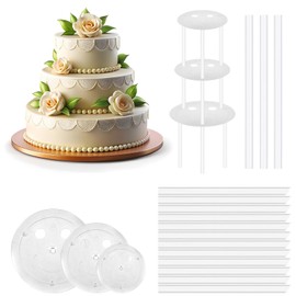 Cobee Dowel Rods Set, 15 Pcs Plastic Support Sticks With 3 Cake Boards for Tiered and Stacking 6" 8" 10" Layer Separator Plates - Wedding Party Birthday Cake Topper
