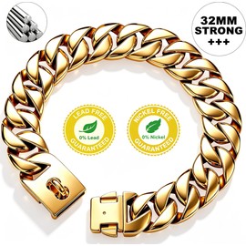 Heavy Duty Dog Collars for Large Dogs, 32mm Thick Cuban Link Chain Collar (Gold, 18" (Fits Neck 16" to 17.5"))