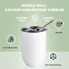 PlanetFlame 8 Pack 12 oz Sublimation Skinny Wine Tumblers Bulk, Double Wall Vacuum Insulated Stainless Steel Mug with Sliding Lid, Stainless Steel Straw and Sublimation Shrink Wrap Sleeve, White