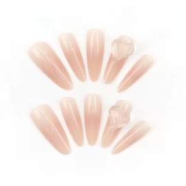 C.Z.Z.T.T.NAILS [Love Anniversary] Ice Clear Heart Diamond Blush Nail Patches Long Almond 30 Pieces Peach Blooming Style!
