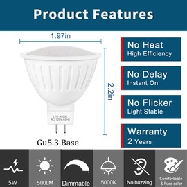 MR16 led Bulbs with GU5.3 Base, 50W Halogen Bulbs Equivalent, 5000K Daylight White 5W 500LM, 120Volts Dimmable Flood Light for Living Room, Restaurant, Hotel, Library, Office, Meeting room-10 Packs