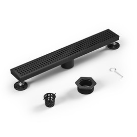 Bernkot Linear Shower Drain 18", 304 Stainless Steel Floor Drain with Grid Drain Cover & Hair Strainer, Rectangular Shower Drain w/CUPC Certified, Matte Black