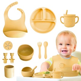 QILAY 10 pzas baby Platos Vajilla Silicona，Sin BPA Set de Alimentación para Bebé para Bebe Antivuelco，Incluye Cucharas para Bebe，Baberos para Bebe，Kit de Alimentacion Complementaria Bebe (Amarillo)