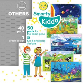 Smarty Kiddo 50 Pack Disposable Stick-On Placemats for Baby, 5 Designs Individually Folded - Farm, Sea World, Zoo, Antarctica & Space - Sticky Table Topper for Baby & Kids, Toddlers