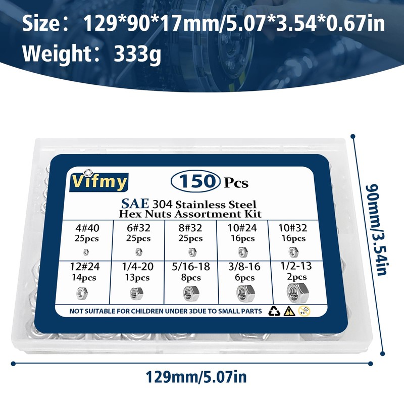 Vifmy 150pcs SAE Hex Nuts Assortment Kit,4#40 6#32 8#32 10#24