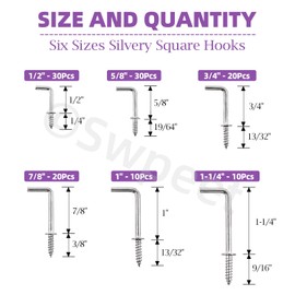 Swpeet 120Pcs 6 Sizes Silver Metal Screw-in Square Bend Hooks Kit, Square Bend Hooks L Shaped Self-Tapping Screws Hooks L Type Photo Frame Right Angle Hook for Home/Workplace/Office Hanging