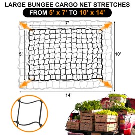 Seven Sparta 5’ x 7’ Large Bungee Cargo Net Stretches to 10' x 14' for Truck Bed, Pickup Bed, Trailer, Trunk, SUV with 16 Bonus D Clip Carabiners Truck Cargo Net for Large Loads (Black)