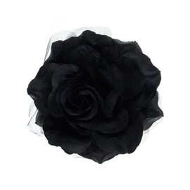 Women's Multifunction Rose Flower Sheer Petal Brooch Pin Hair Tie Clip, Black