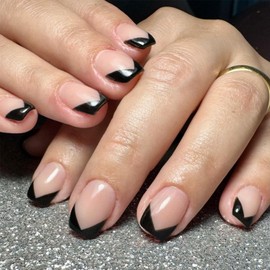 24 Pcs Simple Press on Fake Nail Square Fake Nails Artificial False Nails Acrylic Nails Removable Black French Nail Short Nail with Designs Art Tips Flat Shape Full Cover Manicure for Women Daily Wear