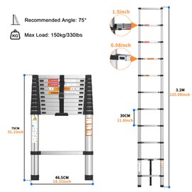 Stainless Steel Telescoping Ladder, 12.5FT/3.8m Compact Folding Ladder with 330lbs Max Capacity and Tested to EN131 Folding Ladder, Anti-Slip Rubber Feet for Home, Outdoor, Attic, DIY Work