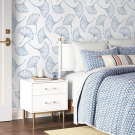 CiCiwind White and Blue Peel and Stick Wallpaper Ginkgo Leaves Wallpaper Modern Wallpaper Blue Contact Paper Self Adhesive Removable Wallpaper for Bathroom Bedroom Walls Decor 197"×17.3"