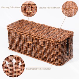BROWNLILY Cable Management Box, Rattan Style Cord Organizer for Desk Cord Hider Outlet Covers Baby Proofing for Power Strip TV PC Router Charger Under Desk Storage with Lockable Lid and Cable Ties